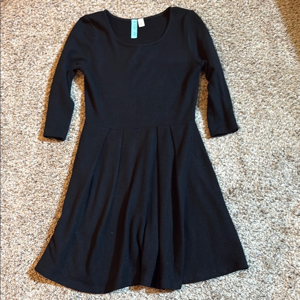 Black Fit and Flare Dress with Cuffed 3/4 Sleeves